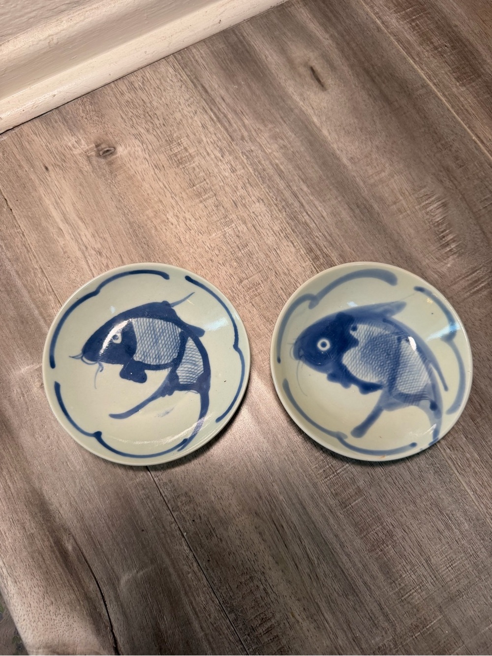 2 Vintage 7” Chinese Koi Fish Blue White Porcelain Plates